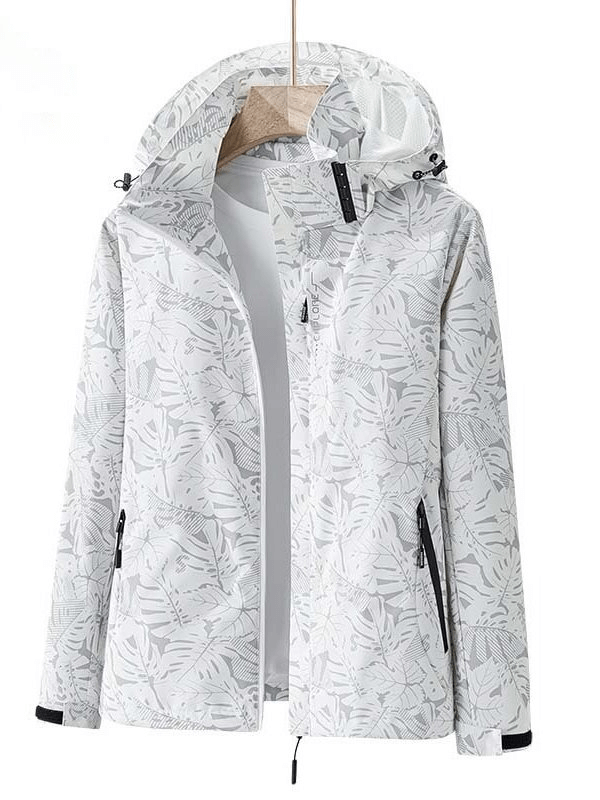 Men's waterproof and windproof quick dry jacket with leaf pattern, featuring hood and zip pockets, ideal for outdoor adventures.